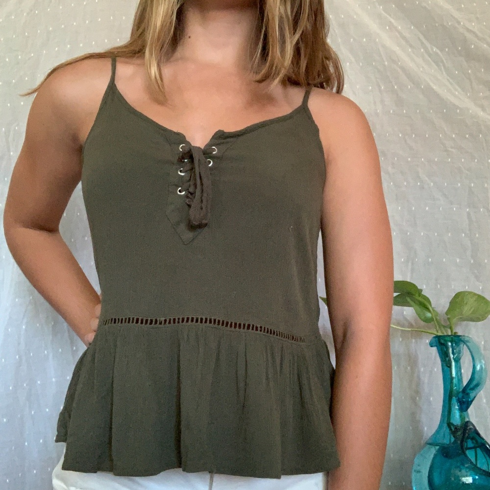 army green lace up tank top
